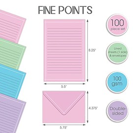 Better Office Products Mini juego de papelería, juego de 100 piezas (50 hojas forradas + 50 sobres a juego), 4 colores sólidos, borde blanco fino, 5.5