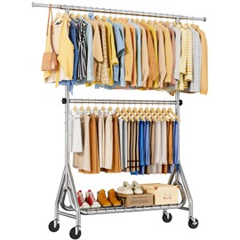 JIEJIERUI Heavy Duty Clothes Rack for Hanging Clothes, Double Rods Clothing Rack with Lockable Wheels, Metal Frestanding Garment Racks with Shelf, Heavy Duty Rolling Coat Rack, Silver