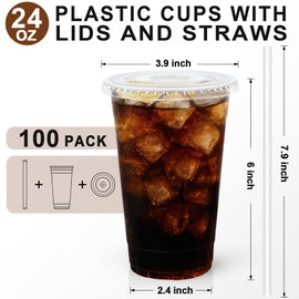 Lamosi 100 Pack 24 OZ Clear Plastic Cups with Lids and Straws, Disposable Iced Coffee Cups with Lids for To-Go Cold Drinks, Smoothies and Slushie