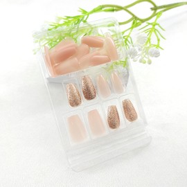 Press on Nails Short Coffin Nails Press ons Transparent Fake Nails with Gold Glitter Designs Acrylic Glue on Nails Glossy False Nails Coffin Short Stick on Nails for Women 24Pcs