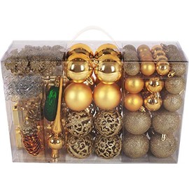 BRUBAKER 101 Pack Assorted Christmas Ball Ornaments - Shatterproof - with Green Pickle and Tree Topper - Designed in Germany - Golden