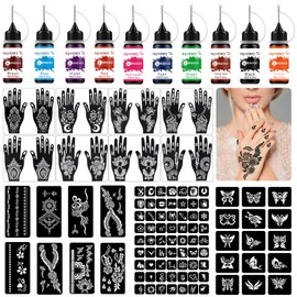 Temporary Tattoo Kit, 10 Bottles Colors Temporary Tattoo Ink, 8 Gloves Stencils, 86 Fun Stencils (Different Sizes) - For Kids, Adults or Beginners: Body or Hand Painting, Art Doing, Party Fun etc