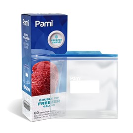 PAMI 60 Ct Reusable Leakproof Gallon Slider Freezer Bags with Expandable Bottom, Double Zipper Closure, Write on Label