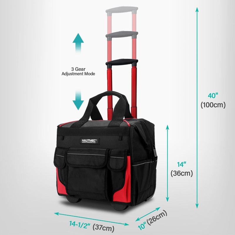 HAUTMEC 14.5" Rolling Tool Bag with Wheels, 25-Pocket Portable Tool