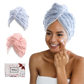 JEFFSUN Microfiber Hair Drying Towel for Women Girls, 2 Pack Super Absorbent Quick Dry Towel for Curly Long Thick Wet Hair with Button Closure, Easy to Use Dry Hair Wrap Turban