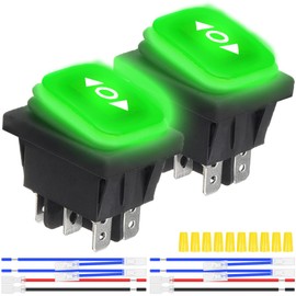 MKBKLLJY 2Pcs Momentary Polarity Reverse Switch Waterproof Control Rocker Toggle Switch DC 12V 20A Green LED Light Illuminated 6Pin 3Position (ON)-Off-(ON) with Jumper Terminal Wires for Car Boat