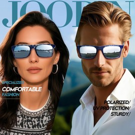 Joopin Designer Silver Rectangle Mens Sunglasses Polarized, Clear Blue TR90 Rim Large Sun Glasses UV400 Protection, Mirrored Square Shades for Women