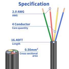 Skweawert Black RVV Wire Cable Extension Cord Stranded PVC Cord Copper Wire 4 Conductors Cable 0.5mm²14 AWG 5M/16.4ft Length Soft Electric Wire