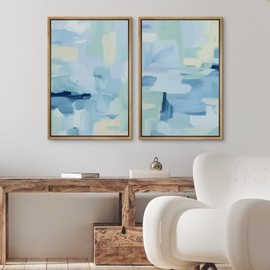 Ashbrook Framed Canvas Print Wall Art Set Blue and Aqua Abstract Brushstroke with Soft Pastel Tones Illustrations Modern Art Decorative for Living Room, Bedroom, Office - 24"x36"x2 Natural