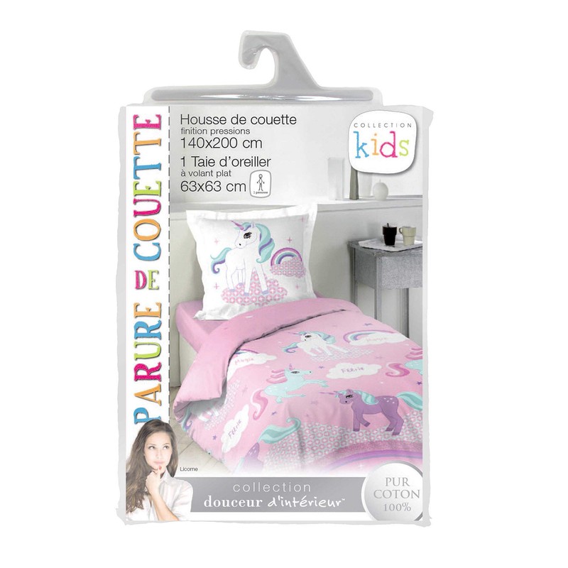 Douceur d’Intérieur Unicorn Bedding Set with Pillowcase, Cotton, Multicoloured, 140