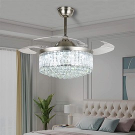 Crystal Chandelier Fan with Light, 42" Modern Fandelier Ceiling Fan with Retractable Blades and Remote Control, 3 Speed and Light Adjustable Crystal LED Ceiling Fans with Light