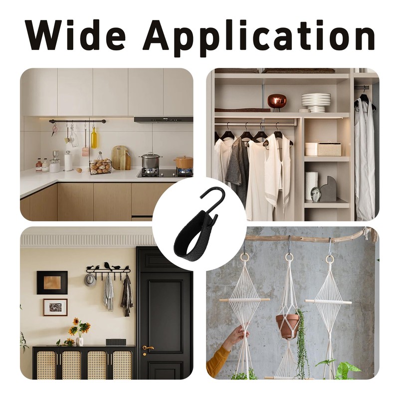 4Pcs Multifunctional S-Hooks with Leather Loop, Black Zinc Alloy S