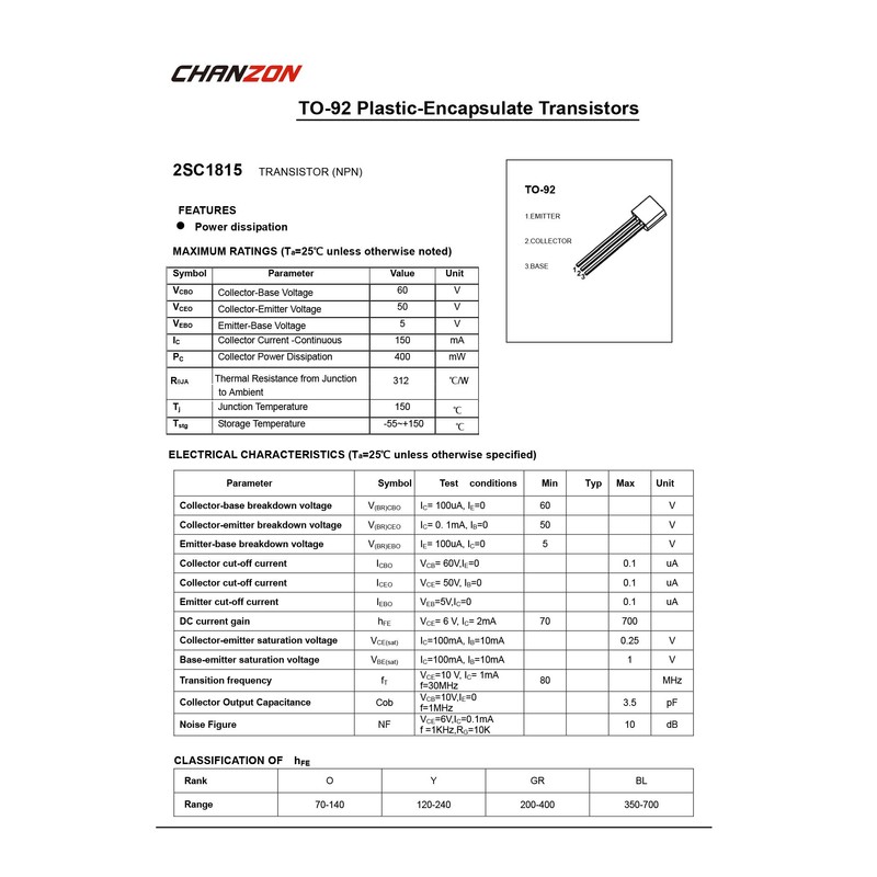Chanzon 2SC1815 TO-92 NPN Power Bipolar Junction Transistor for Amplification