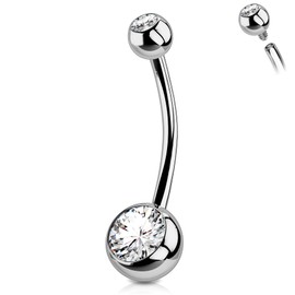 OUFER G23 Solid Titanium Belly Button Bars Balls 14G Internally Threaded 16 mm Extra Long Navel Piercings Barbell Rings Double Clear CZ Gem 1.6mm No Dangle Belly Jewellery Women Men