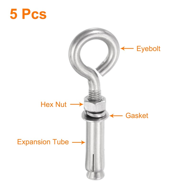 sourcing map 5Pcs M10 304 Stainless Steel Expansion Eyebolt, Closed