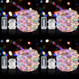 4 x Fairy Lights Battery Operated 8 Lighting Modes,50LEDs,16.4Ft/5 Meters Silver Wire String Lights,Timer Function,and Remote Control.for Christmas,Party,Wedding,Decorative Lighting(Multicolor)