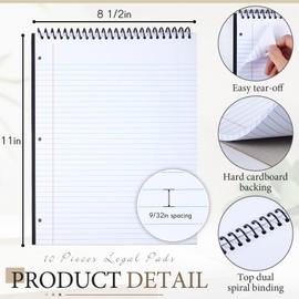 MotiMind 10 Pcs Legal Pads 3 Hole Punched Top Bound Spiral Notebook Tear Line for Easy Removal 8.5 x 11 in Hard Cardboard Paper College Ruled Notepad Spiral Note Pad for Office School (White)