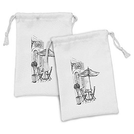 Lunarable Coffee Fabric Pouch Set of 2, European Scenery with a Street Coffee in Old Town Bistro Restaurant Sketch Art, Small Drawstring Bag for Toiletries Masks and Favors, 9" x 6", Seal Brown White