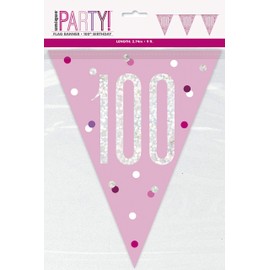 Unique 83459 Pink Plastic Pennant Banner-9' Silver | 1 Pc, Age 100