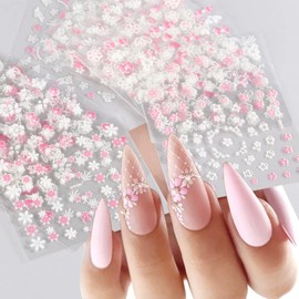 30Sheets White Pink Flower Nail Art Stickers Spring Summer Nail Stickers for Nails Art 3D Self-Adhesive Floral Nail Decals Flower Sticker for Women Girls Acrylic Nails Manicure DIY