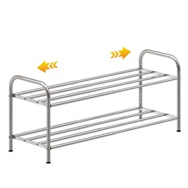 SKIKEN 2-Tier Low Shoe Rack, 100% Stainless Steel, Small Expandable Shoe Rack, Stretchable Rod, No Rust, Easy to Care, Simple Metal Storage Rack for Stairs Side, Entrance, Closet, Bathroom