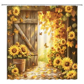 Fantasy Rustic Sunflower Shower Curtain Farmhouse Butterfly Floral Barn Door Wooden Plank Country Spring Flower Polyester Fabric Bathroom Curtain Sets Hook 70 x 70 Inch