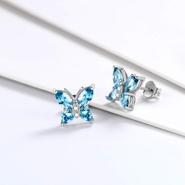 Aurora Tears Butterfly Necklace Earrings Rings Birthstone Jewellery Set Pendant Dating Pendant Gifts for Women and Girls 925 Sterling Silver, Earrings, C.blue-aquamarine