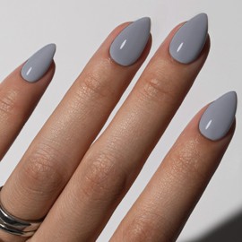 KQueenest Gray Press On Nails Short - Acrylic Press On Nails Almond, Sheer Stone Grey Fake Nails with Glue, Glossy Opaque, Stiletto Reusable Soft Gel Glue on Nails for Women, 30 Pcs