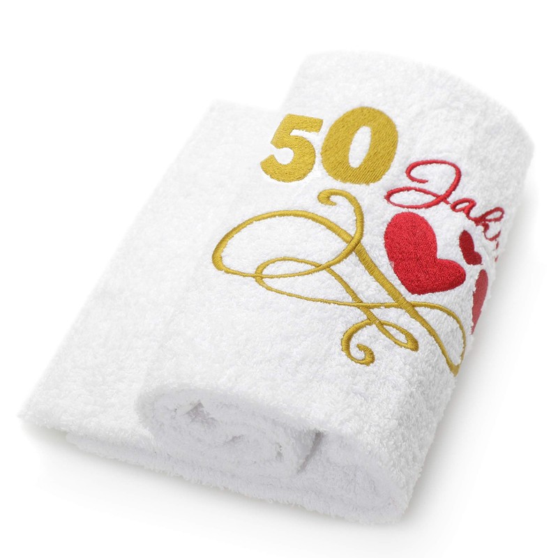 Abc Casa Gift Towel for 50th Birthday with Embroidered Hearts