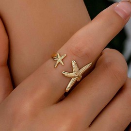 Inateannal Boho Starfish Rings Gold Starfish Open Rings Vintage Adjustable Star Rings Statement Double Starfish Finger Rings Summer Beach Ocean Ankle Ring, Zinc, No Gemstone