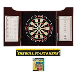 Viper League Sisal Dartboard, Hudson Mahogany Finish Cabinet, Tournament Steel Tip Darts & The Bull Starts Here Throw Line