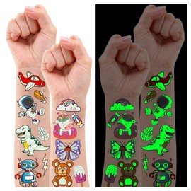 Partywind 380 estilos (30 hojas) tatuajes luminosos para niños, pegatinas temporales de estilos mixtos con sirena/dinosaurio/espacio/pirata para niños y niñas, suministros de fiesta brillantes