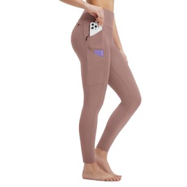 baleaf Women's Leggings with 6 Pockets 25'' Tummy Control Workout Yoga High Waisted 7/8 Ankle Pants Brown L