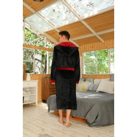 U2SKIIN Mens Fleece Hooded Robe Plush Bathrobe (Black/Dark Red, S/M)