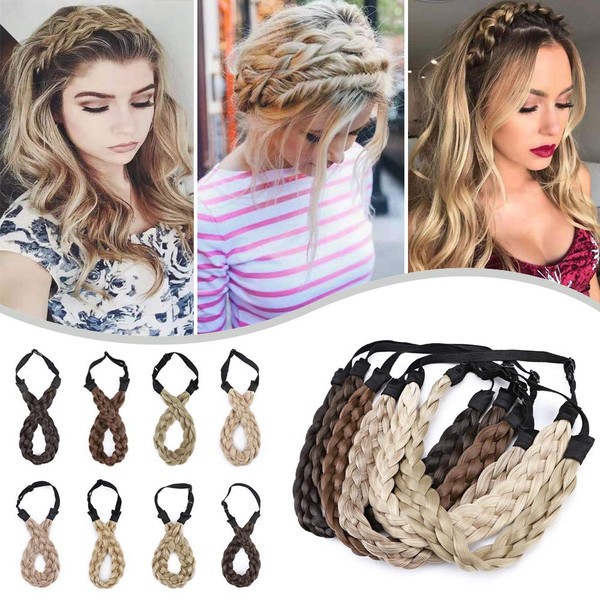 Hairro Braided Hair Headbands for Women Five-strand Plaited Fake Braid Highlight Synthetic Hairpiece Classic Chunky Wide Elastic Stretch Hair Band Hair Accessory #18/613 Blonde Mix