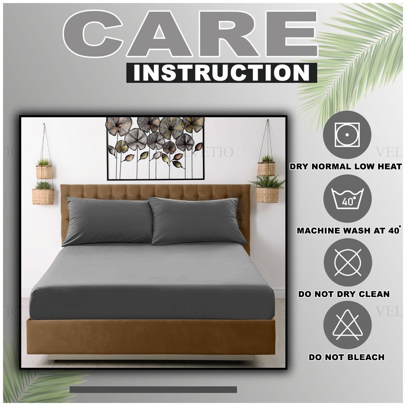VELVETIO Easy Care Plain Charcoal Fitted Sheet, Soft Breathable 100%