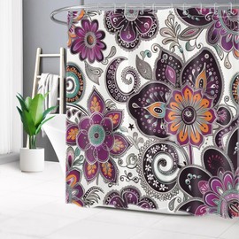 LB Bohemian Paisley Floral Shower Curtain Purple and Black Flower Pattern Boho Bathroom Shower Curtain Retro Abstract Bathroom Curtain with Hooks 72Lx72W Inch Polyester Fabric Bath Curtain