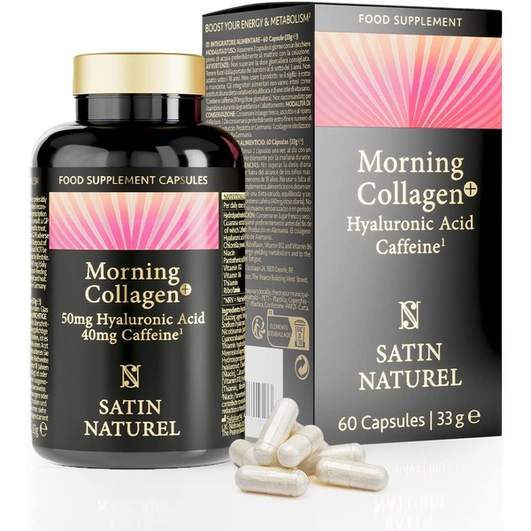 Marine Collagen - 60 Capsules of Type 1 Hydrolysed Marine Collagen - Enhanced with Hyaluronic Acid, Caffeine, Vitamins B12 + B6 to Reduce Fatigue - Collagen Supplements for Women & Men - Satin Naturel