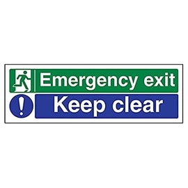 vsafety 21011 - ax-r Safe Condition Exit Sign, Emergency Exit / KEEP CLEAR Landscape, 1mm Rigid Plastic, 300mm x 100mm, Blue, Green