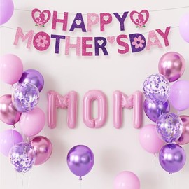 Happy Mothers Day Decorations Set, Happy Mothers Day Banner with Mom Foil Balloons, Metallic & Pastel Pink Purple Confetti Balloons, Mother's Day Decorations and Gifts for Mom
