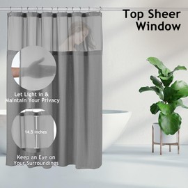 3-in-1 Shower Curtain Set, 72" x 72" Waffle Texture Shower Curtain with Mesh Top Window, 12 Double-Sided Stainless Steel Anti-Slip Hooks & Waterproof PEVA Liner, All Pieces Sized to Fit (Gray)