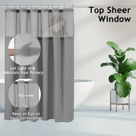 3-in-1 Shower Curtain Set, 72" x 72" Waffle Texture Shower Curtain with Mesh Top Window, 12 Double-Sided Stainless Steel Anti-Slip Hooks & Waterproof PEVA Liner, All Pieces Sized to Fit (Gray)