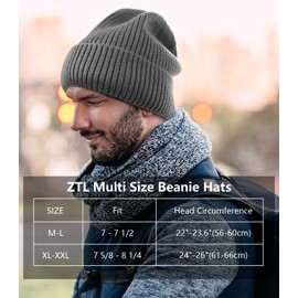 Oversize XL XXL Waterproof Merino Wool Beanie for Men Women Big Head, Warm Fleece Lined Large Winter Hat, Plus Size Big Knit Skull Stocking Cap, Rainproof Windproof Cuffed Beanie for All Weather Grey