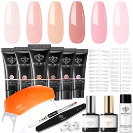 Modelones 6 Colors 8W Poly Gel Nail Kit with Nail Lamp Extension Gel Kit Jelly Milky White/Pink/Nude Color Complete Tool Set for Beginners with Volumizing Solution Home DIY Color Gel Nail