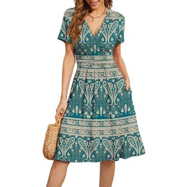 WEACZZY Sundresses for Women Casual Floral Summer Dress Short Sleeve Paisley Print Sun Dress V-Neck Swing Flowy Dresses with Pockets, Blue Khaki,L