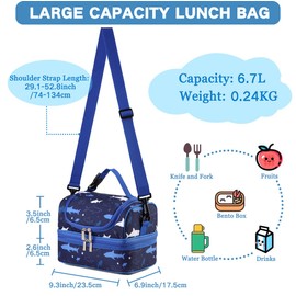 VASCHY Lunch Box Bag Kids, Insulated Two Compartments Cooler Bags for Boys Girls w Shoulder Strap for School,Daycare,Kindergarten,Picnic Shark