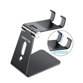 Adjustable Cell Phone Stand, OMOTON Aluminum Desktop Cellphone Stand with Anti-Slip Base and Convenient Charging Port, Fits All Smart Phones (Black)