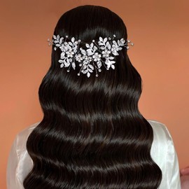 Bridal Hair Comb, Gold Color Leaf Crystal Rhinestone Wedding Hair Accessory, Floral Design (Silvery Color, One Size)