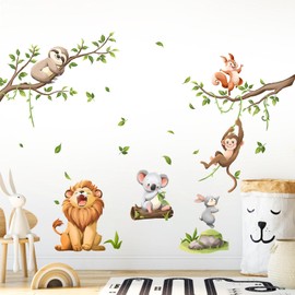 Jungle Animal Wall Decals, Safari Lion Monkey Sloth Wall Stickers Peel and Stick Cartoon Wall Decal Self Adhesive Wall Art Sticker for Baby Nursery Kids Room Decor