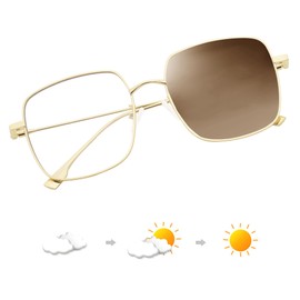 JM Fashion Metal Optical Glasses Frame Square Anti Blue Light Computer Glasses Eye Protection Women, Gold frame/photochrome (clear in brown)